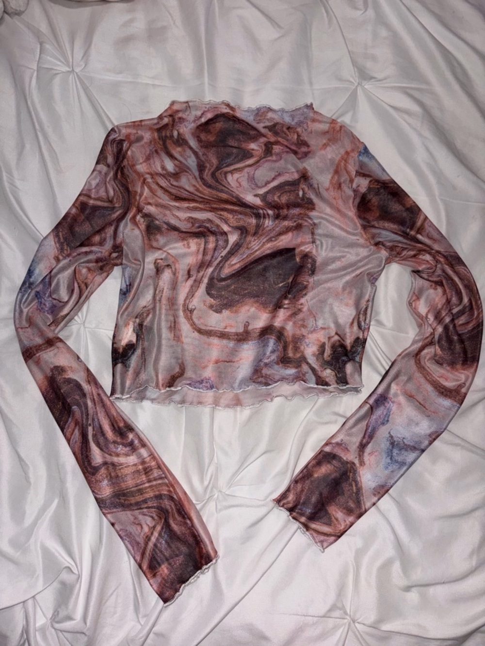 Marble Print Sheer Long-Sleeve Crop Top - Brown and white